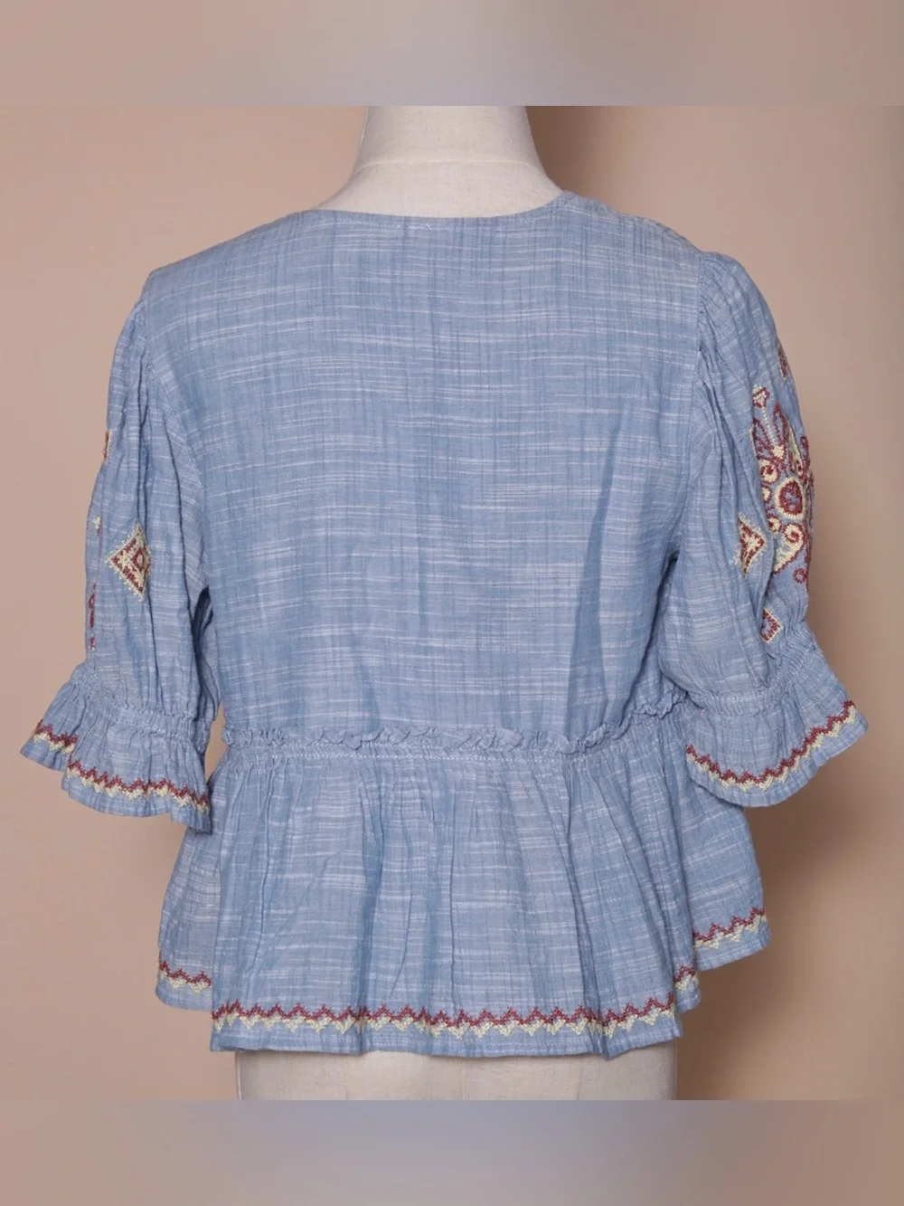 Blue Embroidered Boho Tie Front Peplum Blouse Flutter Sleeve
